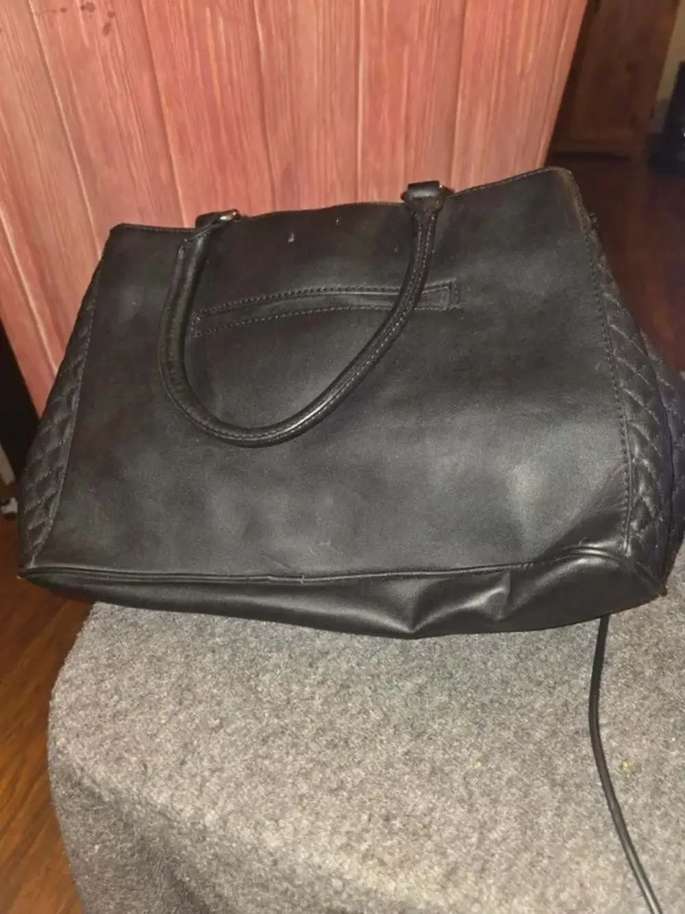Guess Black Quilted Faux Leather Padlock Satchel Tote Bag Leopard Cheetah Lining